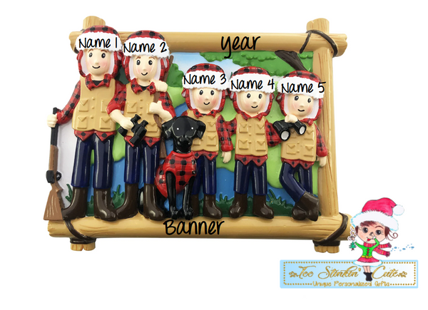 Personalized Christmas Hunting Family of 5 w/ dog Ornament|Camper Ornament|Camping Ornament|Happy Camper|Camping Gift|Happy Camper Ornament