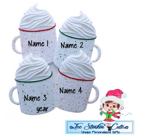 Cocoa Family of 4 Personalized Christmas Ornament|Hot Chocolate Ornament|Coffee Ornament|Marshmallow Ornament|Family of 4|Family Ornament