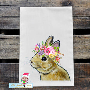 Light Brown Bunny with Spring Flowers Flour Sack Towel/ Tea Towel