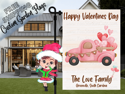 Happy Valentine's Day garden flag mockup with a pink truck carrying hearts and Love family-name lettering.