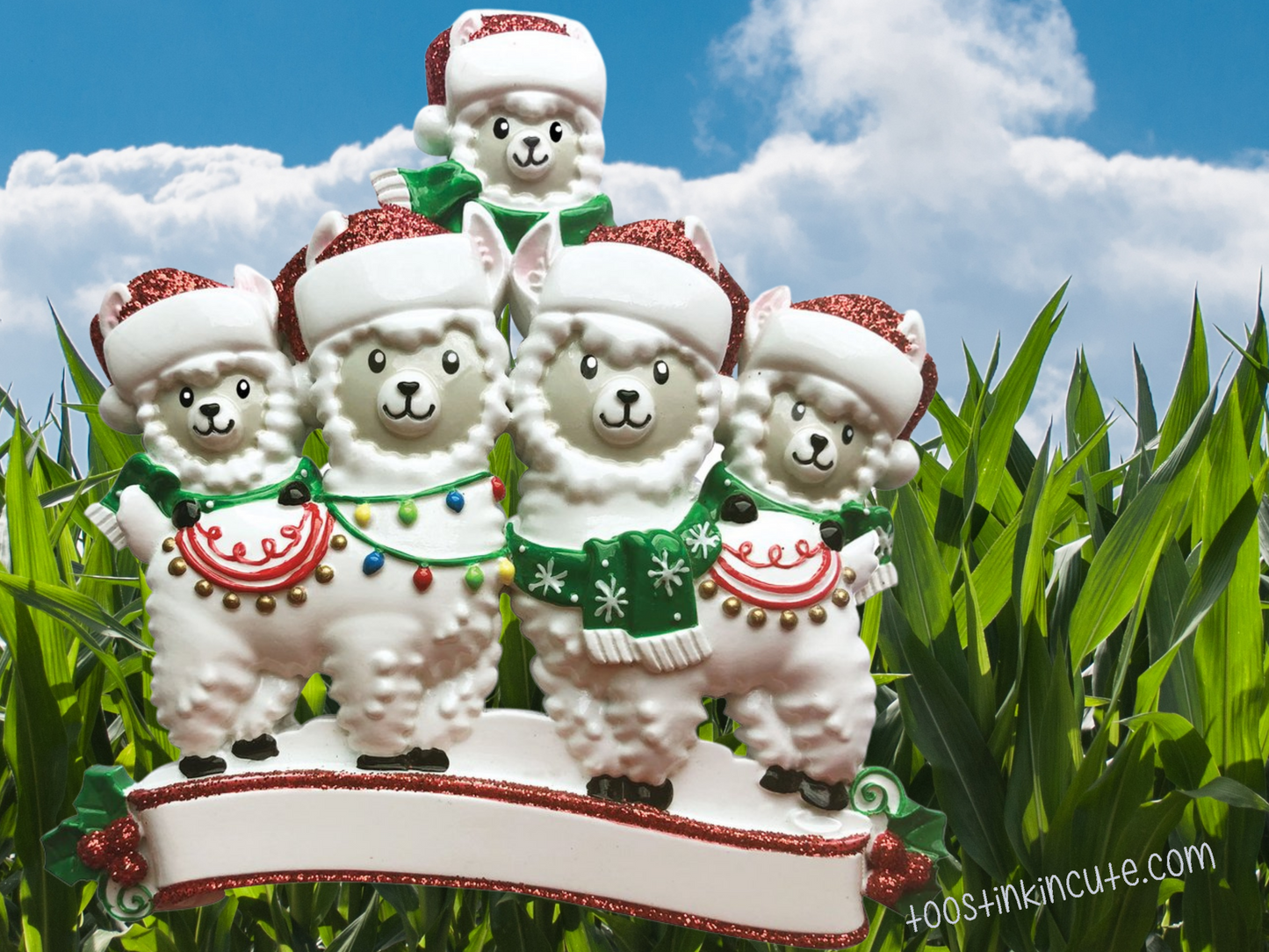 Llama Family of 5 Personalized Christmas Ornament