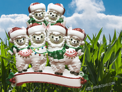 Family of 6 Christmas ornament with llamas in Santa hats with festive patterned blankets. The personalization spaces are unlettered.