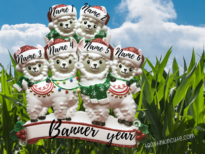 Family of 6 Christmas ornament with llamas in Santa hats with festive patterned blankets. Sample personalization labels are shown.