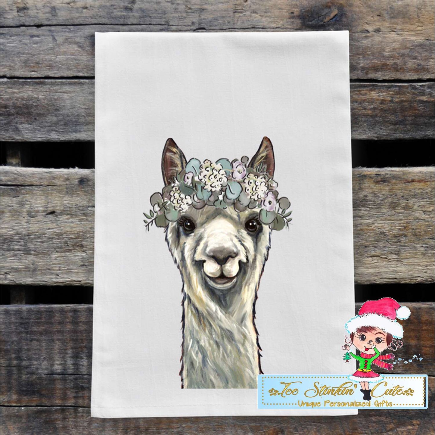Neutral Alpaca with Flowers Flour Sack Towel/ Tea Towel