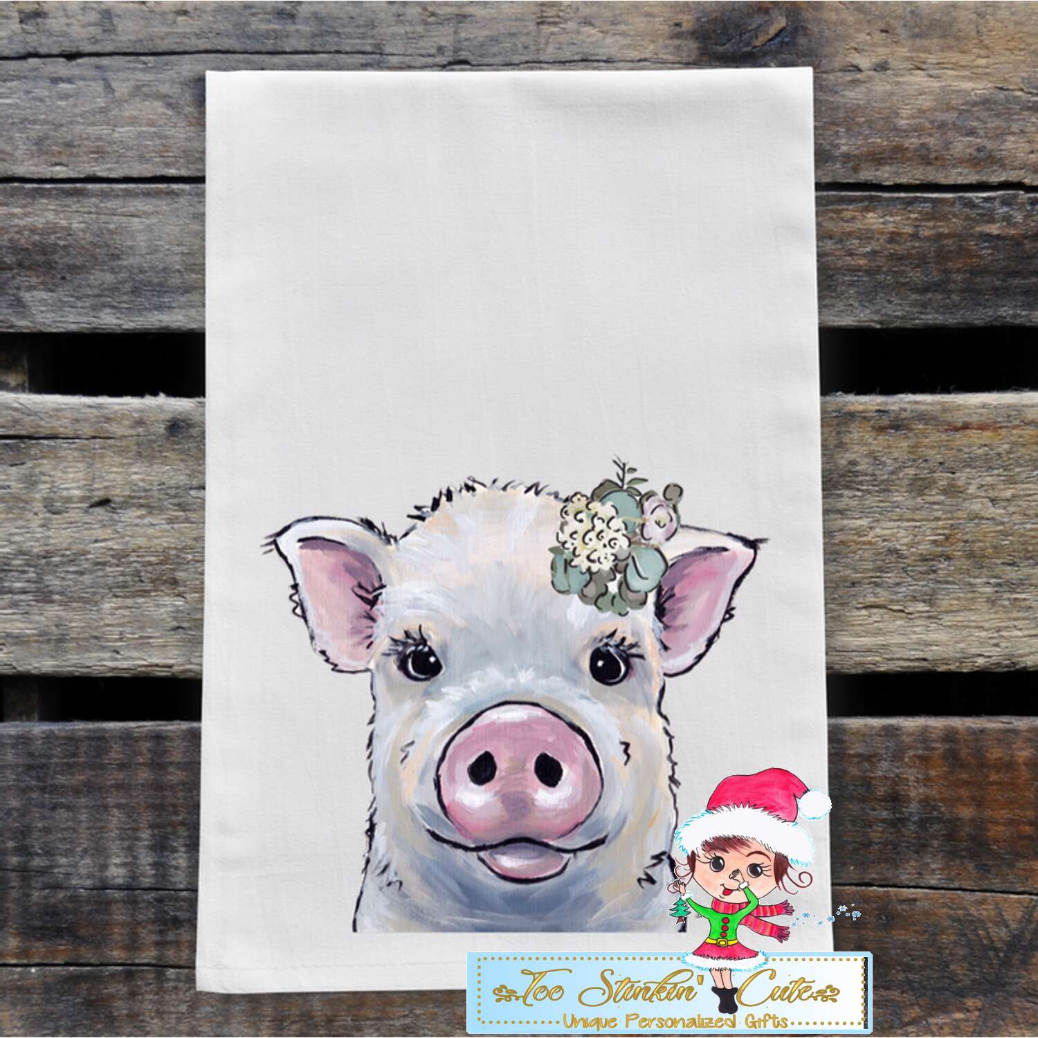 Neutral Pig with Flowers Flour Sack Towel/ Tea Towel