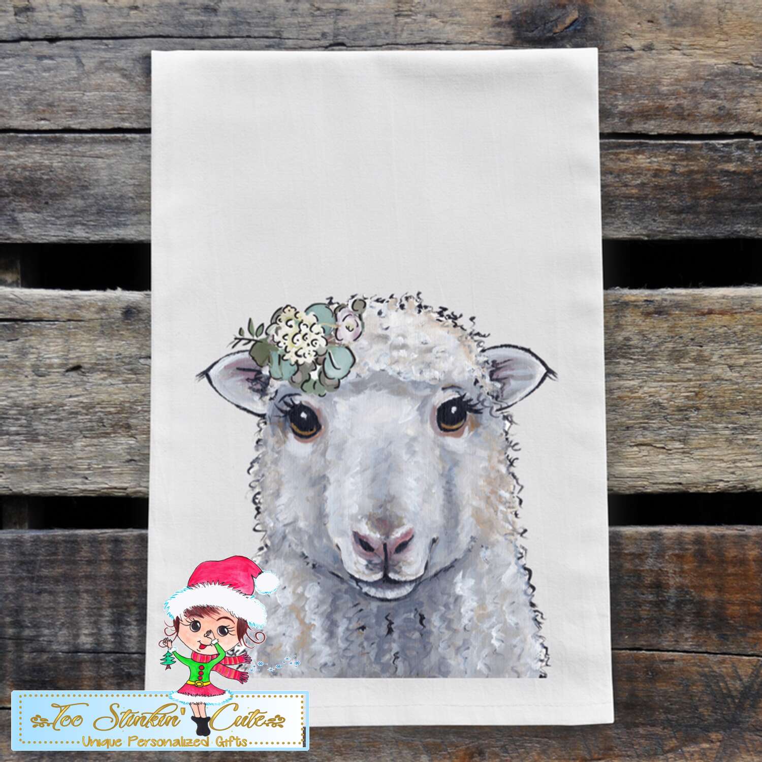 Neutral Sheep with Flowers Flour Sack Towel/ Tea Towel
