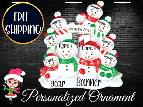 Family of 9 Snowman Ornament,North Pole Ornament,Personalized Christmas Ornament,Snowman Family,Christmas Snowman,Custom Family Ornament