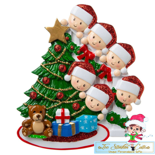 Peeking around the Christmas Tree Family of 6 Personalized Christmas Ornament