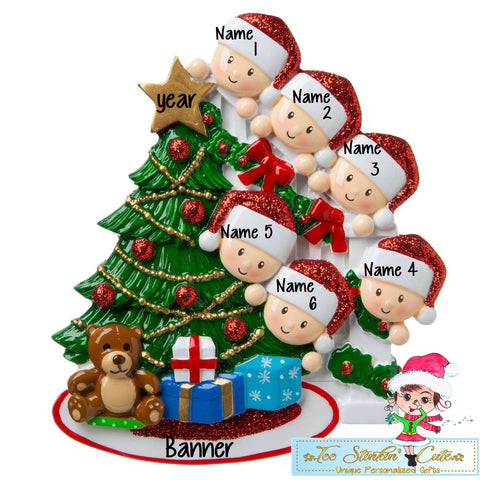 Peeking around the Christmas Tree Family of 6 Personalized Christmas Ornament