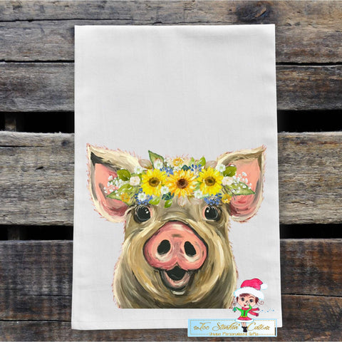 Farmhouse Pig with Yellow Flowers Flour Sack Towel/ Tea Towel