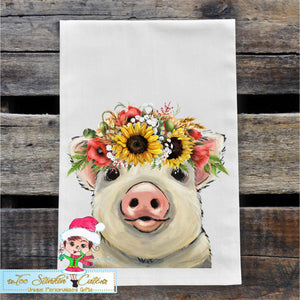 Pig with Sunflowers Flour Sack Towel/ Tea Towel
