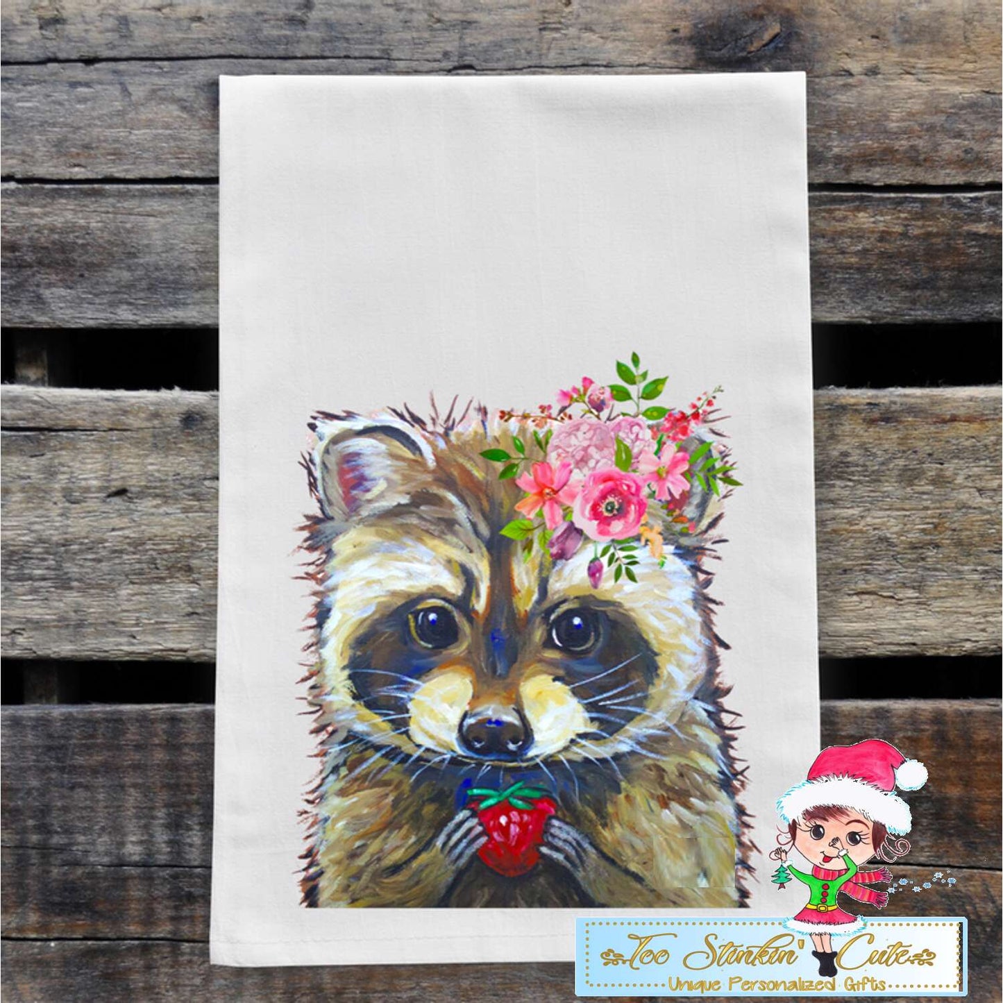 Raccoon with Spring Flowers Flour Sack Towel/ Tea Towel