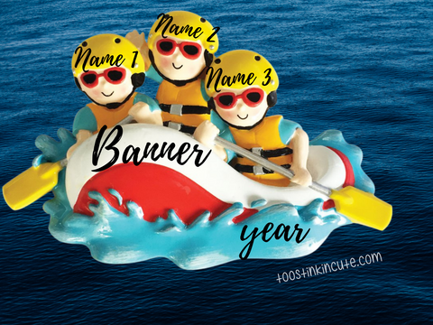 White Water Rafting Family of 3 Personalized Christmas Ornament