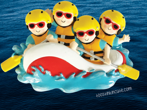 White Water Rafting Family of 4 Personalized Christmas Ornament