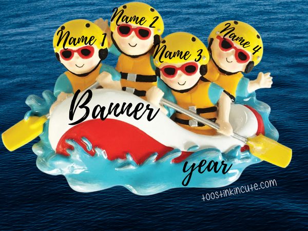 White Water Rafting Family of 4 Personalized Christmas Ornament