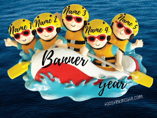 White Water Rafting Family of 5 Personalized Christmas Ornament