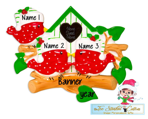 Red Bird Family of 3 Personalized Christmas Ornament