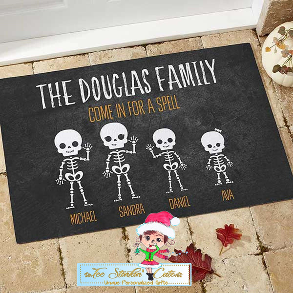Personalized Halloween Skeleton Family Doormat Rug + Free Shipping/ Fall/ Pumpkin/ Scary/ Witch/ Floormat