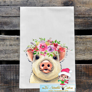 Farmhouse Pig with Pink Flowers Flour Sack Towel/ Tea Towel