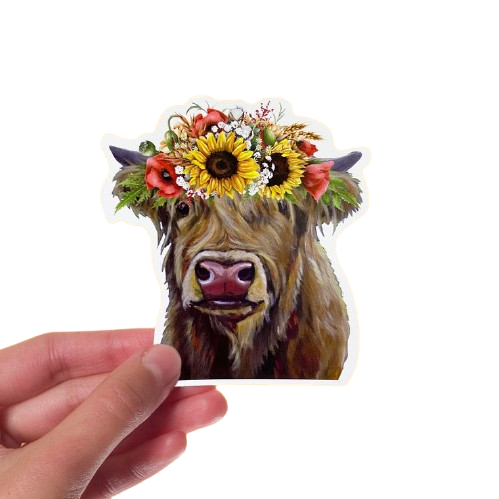 Sunflower Highland Cow Sticker