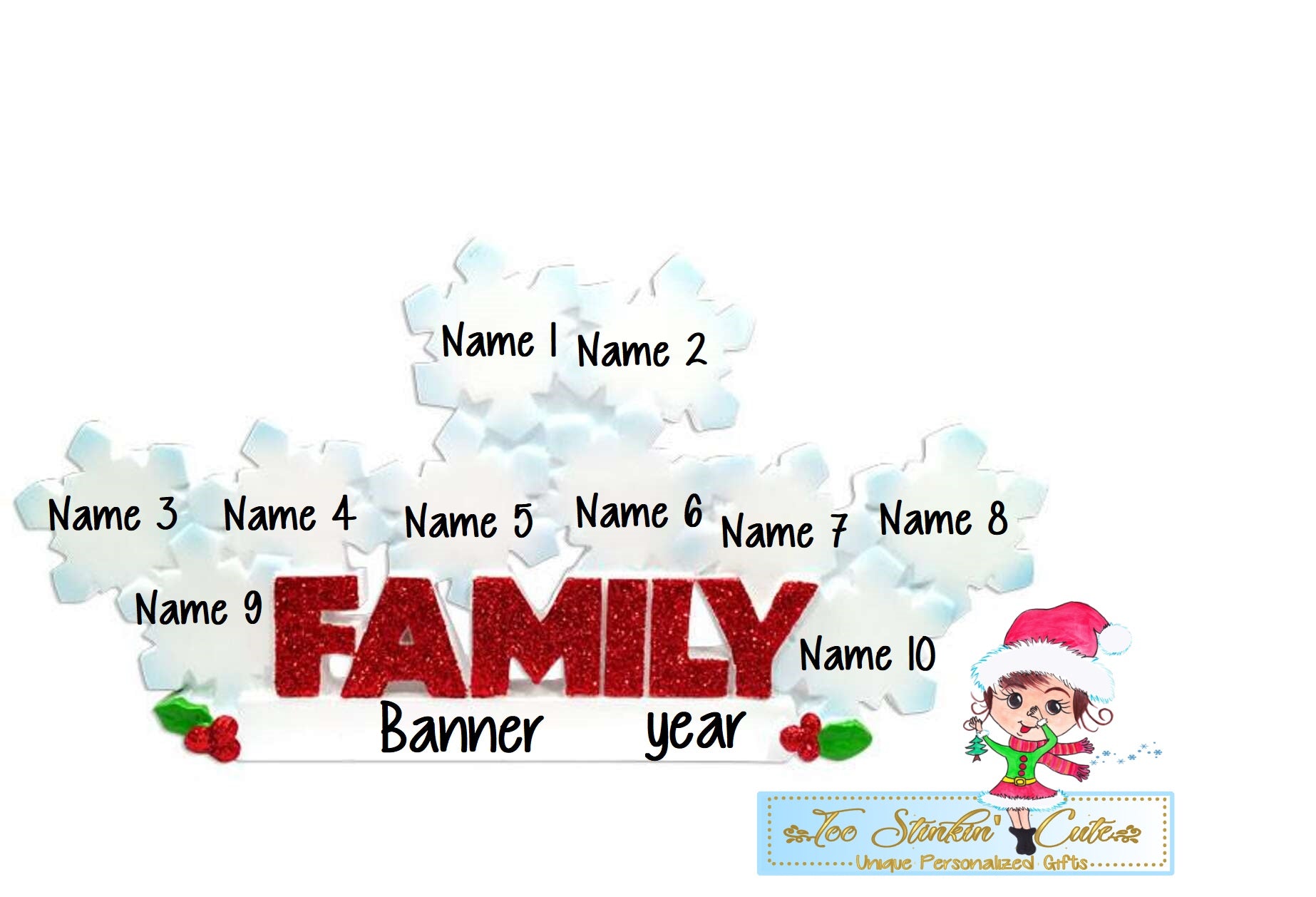 Personalized Christmas Table Topper Snowflake Family of 10 + Free Shipping!