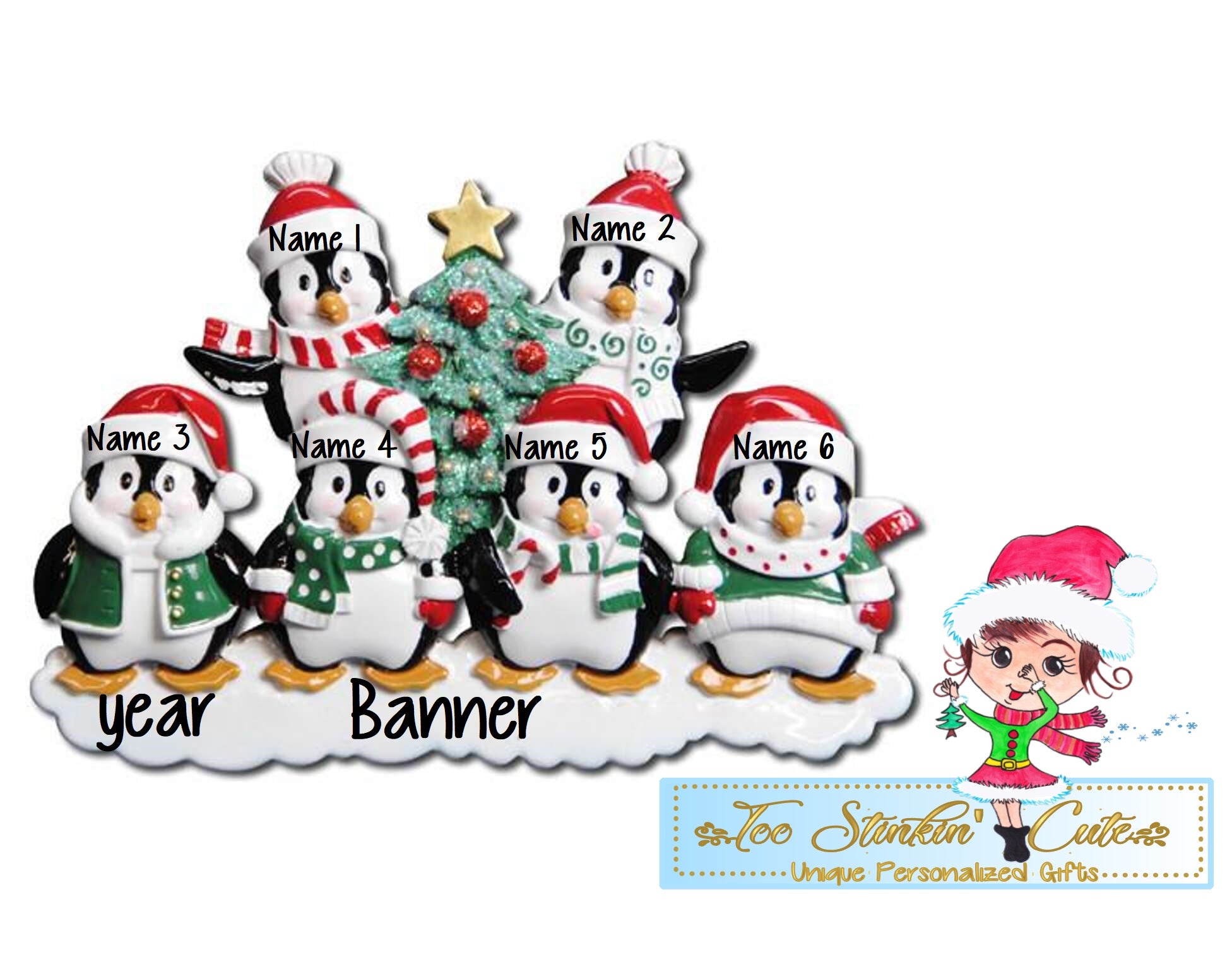 Personalized Christmas Table Topper Penguin Tree Family of 6