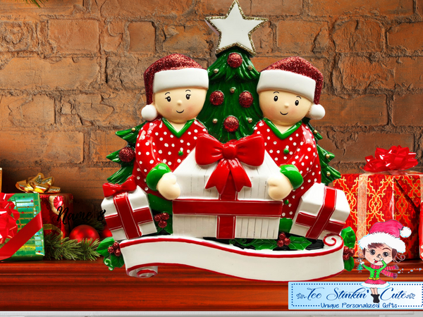 Table Topper Pajama Family Opening Presents Family of 2 Personalized Christmas Table Topper
