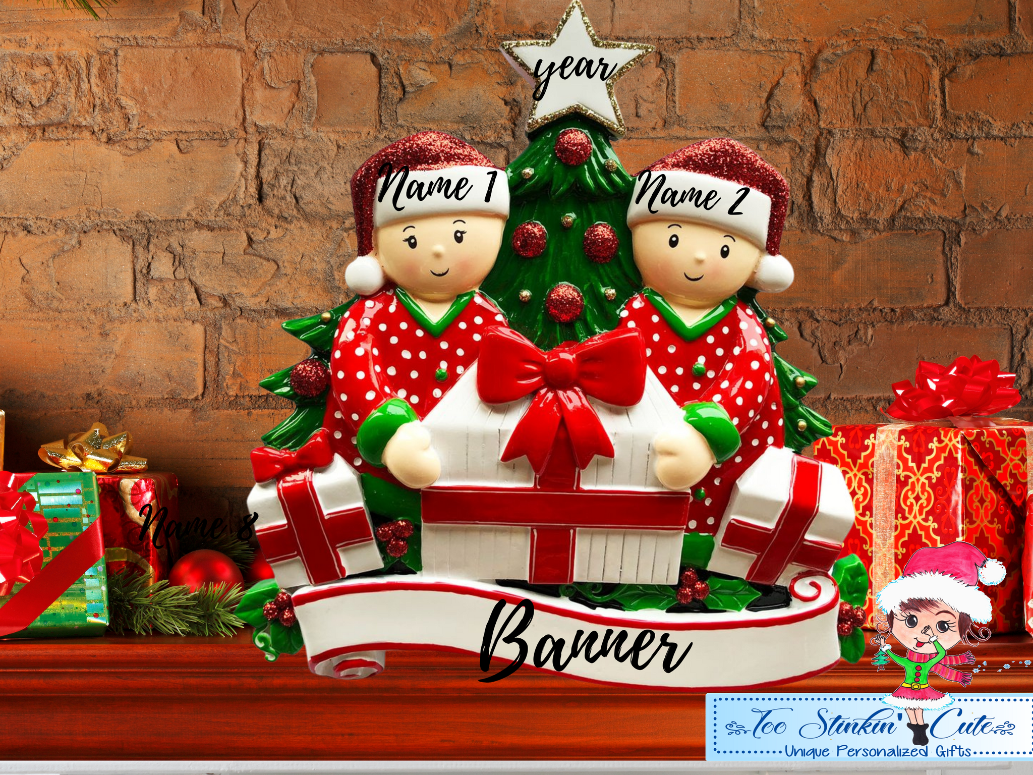 Table Topper Pajama Family Opening Presents Family of 2 Personalized Christmas Table Topper