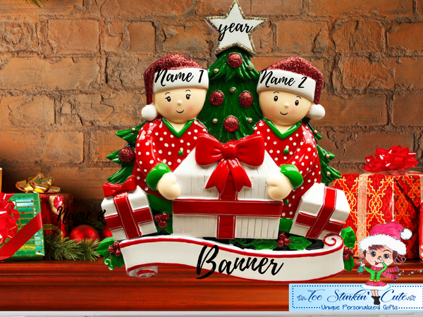 Table Topper Pajama Family Opening Presents Family of 2 Personalized Christmas Table Topper