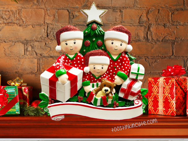 Table Topper Pajama Family Opening Presents Family of 3 Personalized Christmas Table Topper