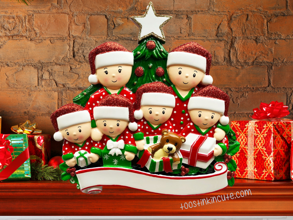 Table Topper Pajama Family Opening Presents Family of 6 Personalized Christmas Table Topper