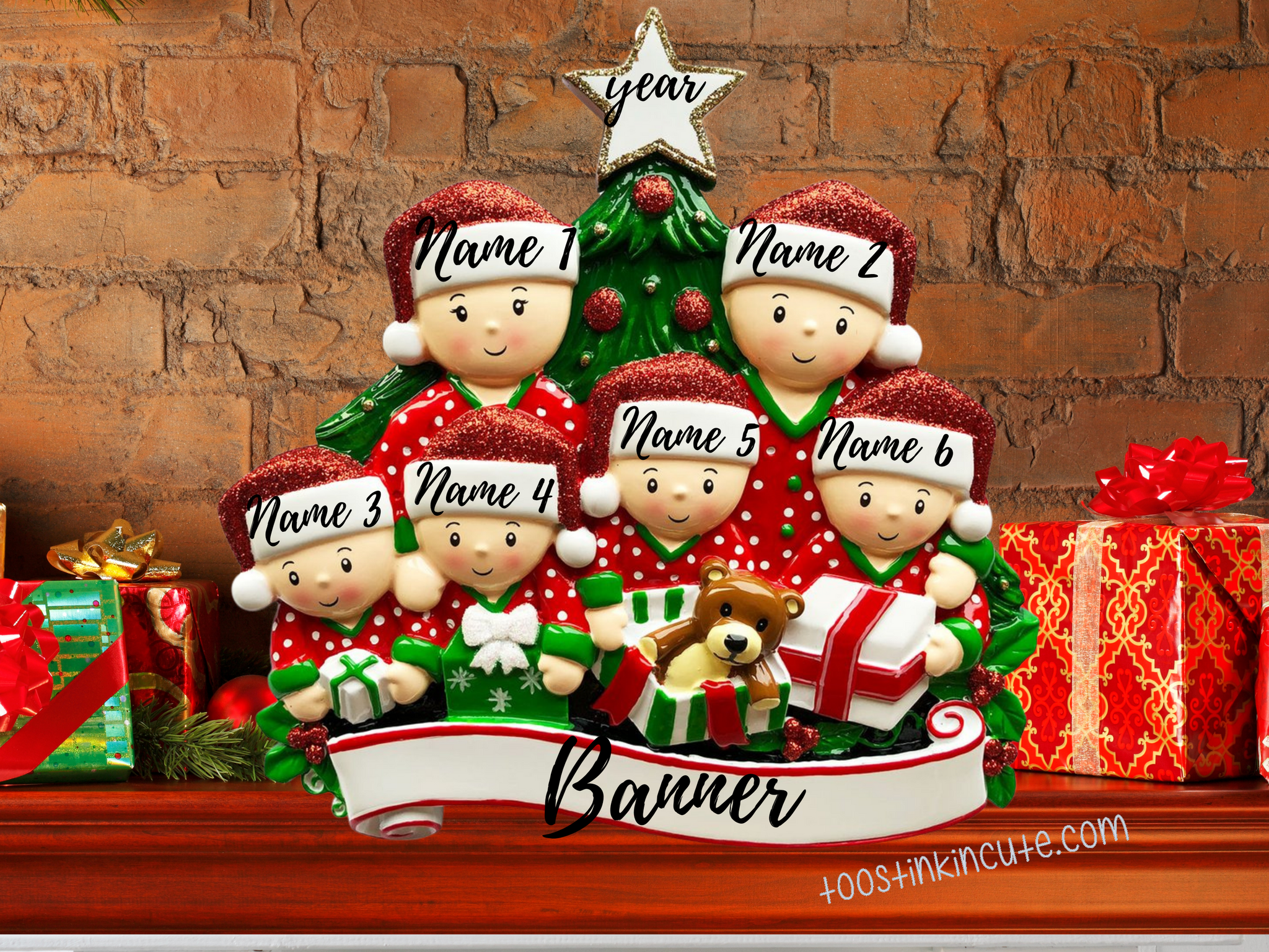 Table Topper Pajama Family Opening Presents Family of 6 Personalized Christmas Table Topper