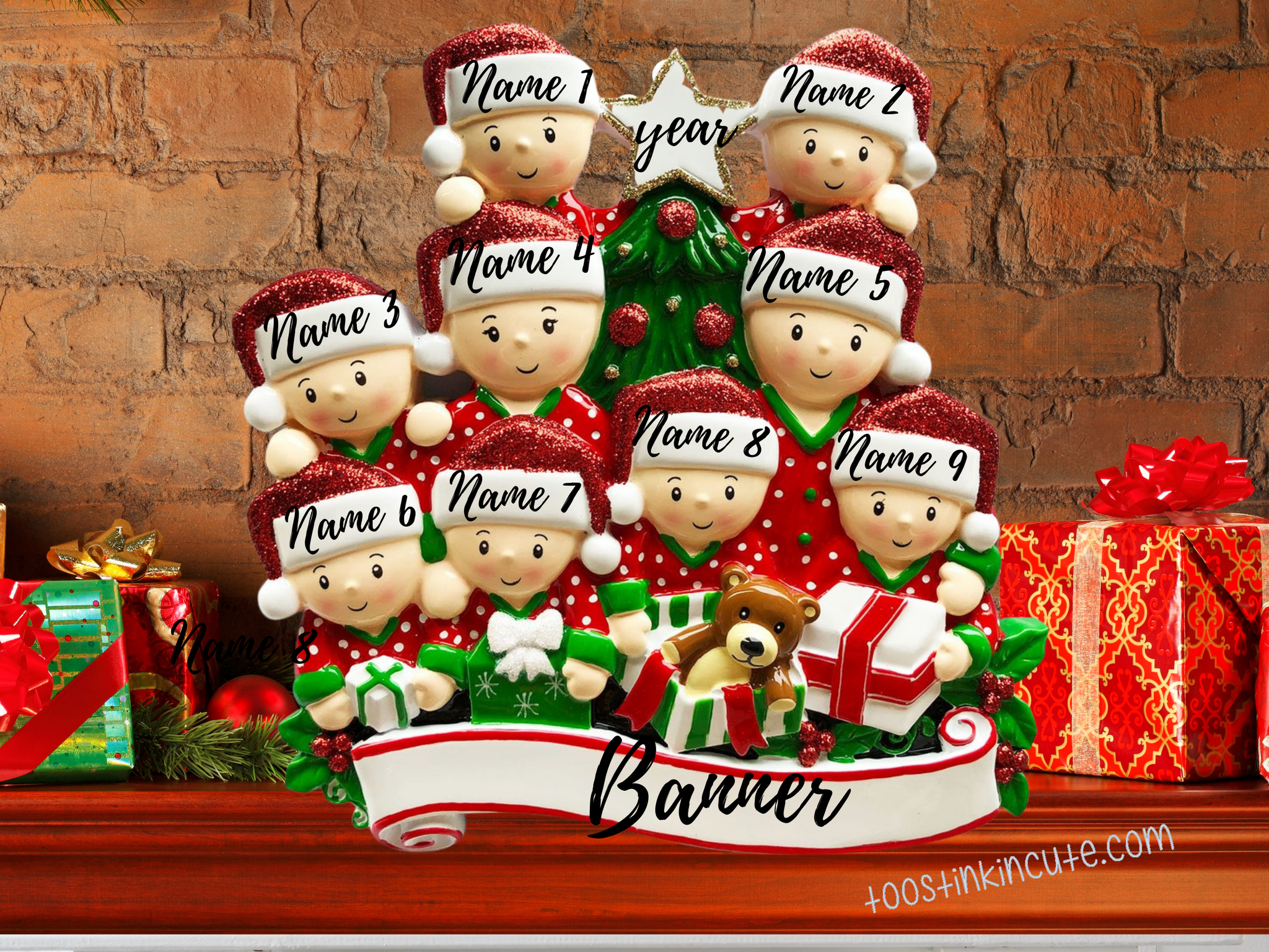 Table Topper Pajama Family Opening Presents Family of 9 Personalized Christmas Table Topper