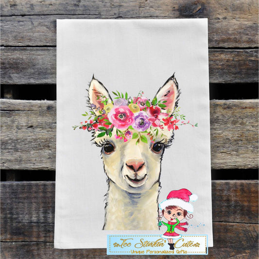 White Alpaca with Spring Flowers Flour Sack Towel/ Tea Towel