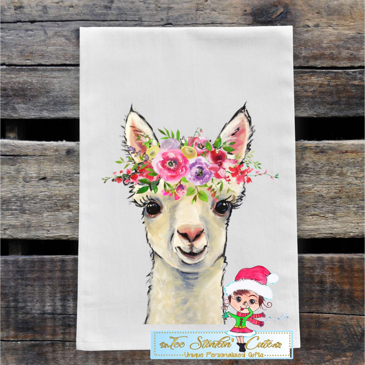 White Alpaca with Spring Flowers Flour Sack Towel/ Tea Towel