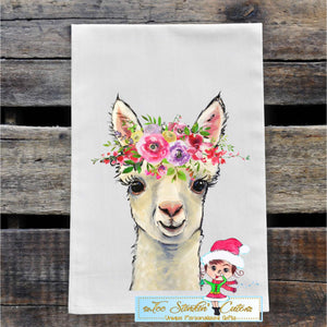 White Alpaca with Spring Flowers Flour Sack Towel/ Tea Towel