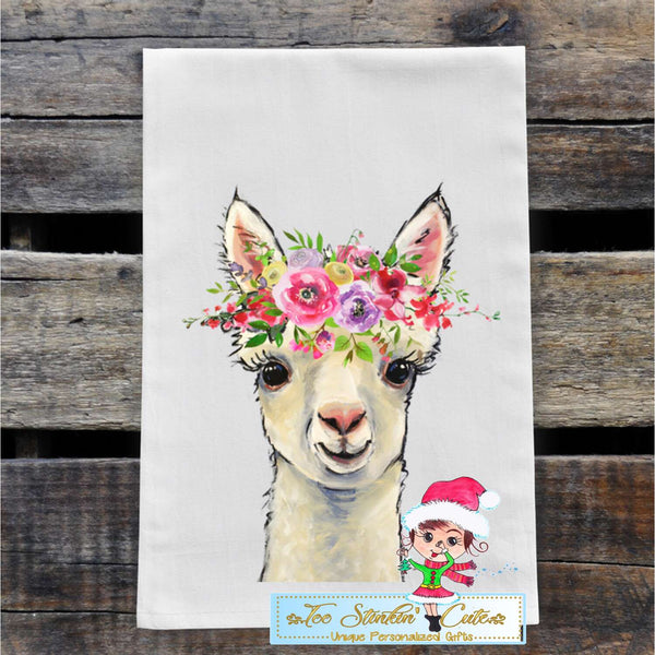 White Alpaca with Spring Flowers Flour Sack Towel/ Tea Towel