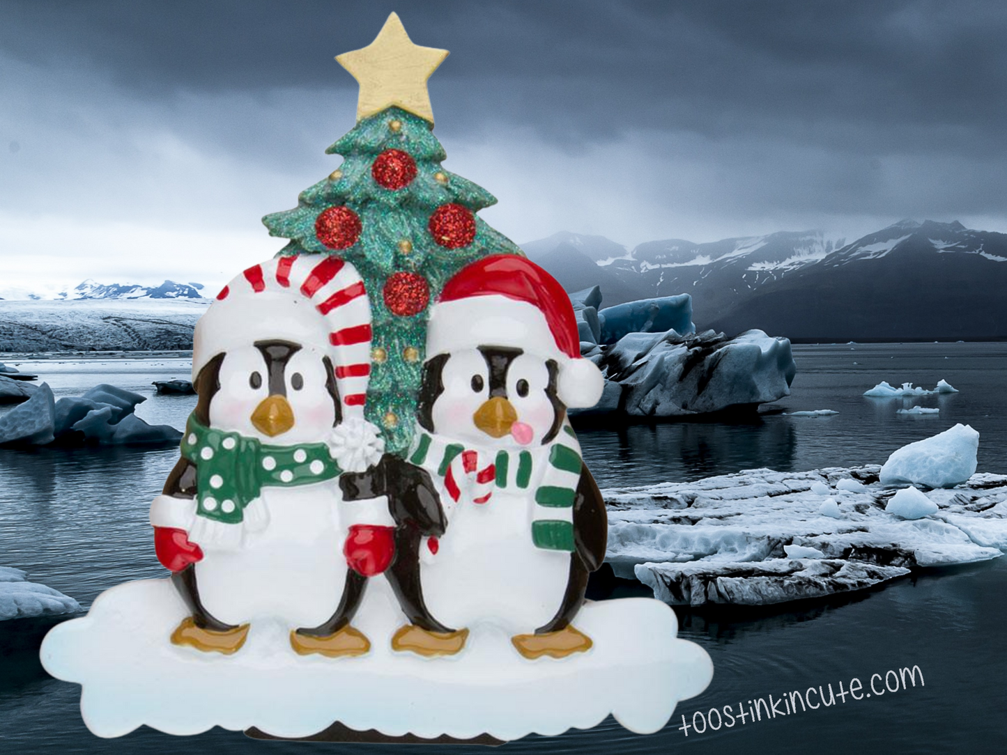 Winter Penguin Tree Family of 2 Personalized Christmas Ornament