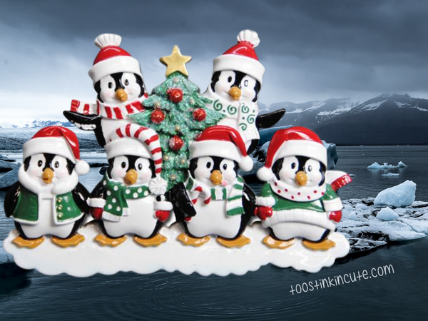 Winter Penguin Tree Family of 6 Personalized Christmas Ornament
