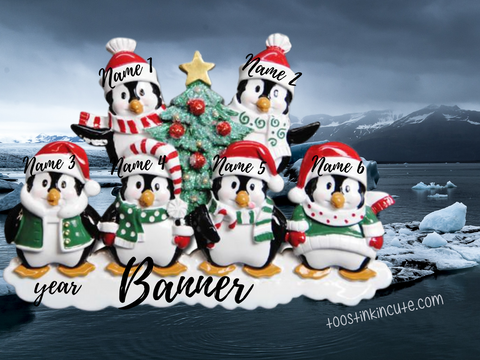 Winter Penguin Tree Family of 6 Personalized Christmas Ornament
