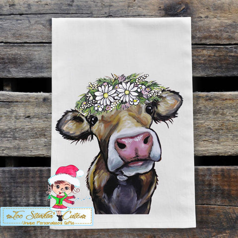 Cow with White Daisy Flowers Flour Sack Towel/ Tea Towel