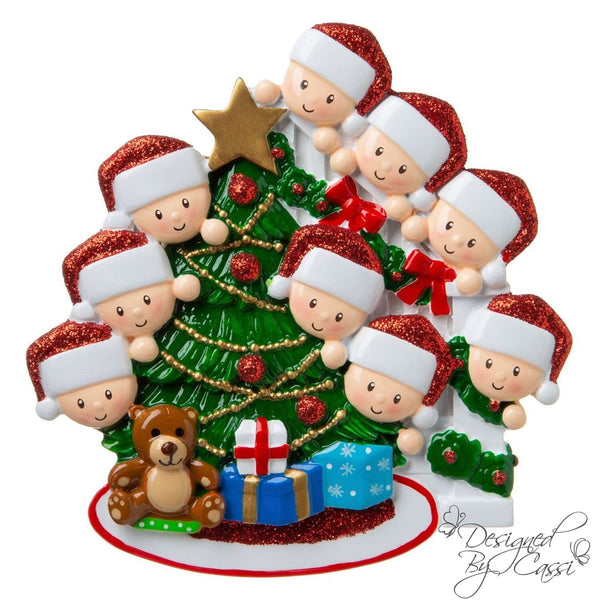 Christmas Ornament Peeking Christmas Tree Family of 9- Personalized + Free Shipping!