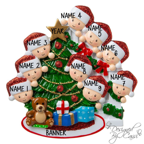 Christmas Ornament Peeking Christmas Tree Family of 9- Personalized + Free Shipping!
