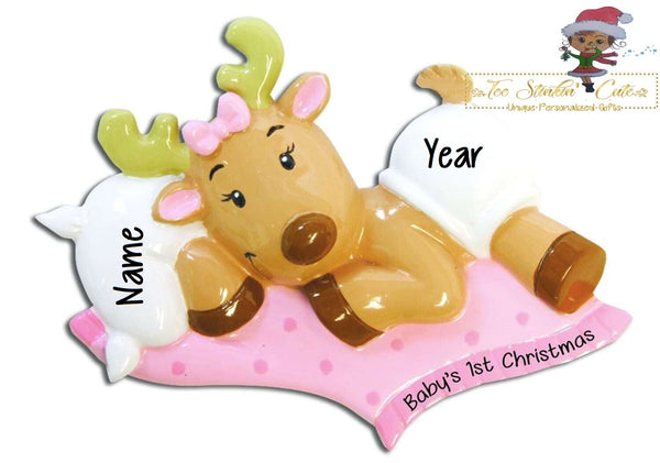Christmas Ornament Reindeer Baby Girl/ Baby's 1st Christmas/ Newborn/ New Baby - Personalized + Free Shipping!