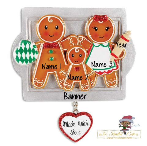 Christmas Ornament Gingerbread Made with Love Family of 3/ Friends/ Coworkers Personalized! + Free Shipping!