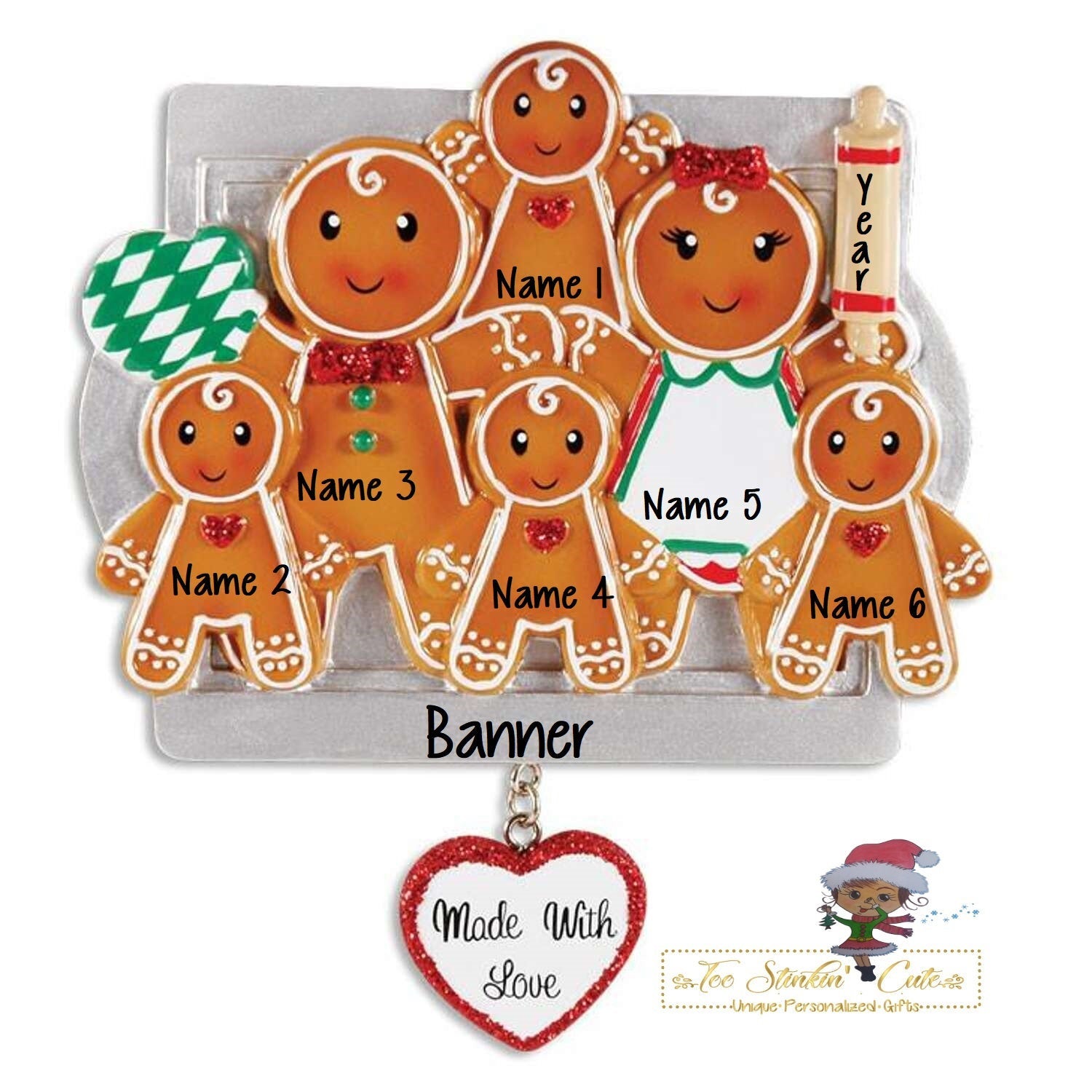 Christmas Ornament Gingerbread Made with Love Family of 6/ Friends/ Coworkers Personalized! + Free Shipping!