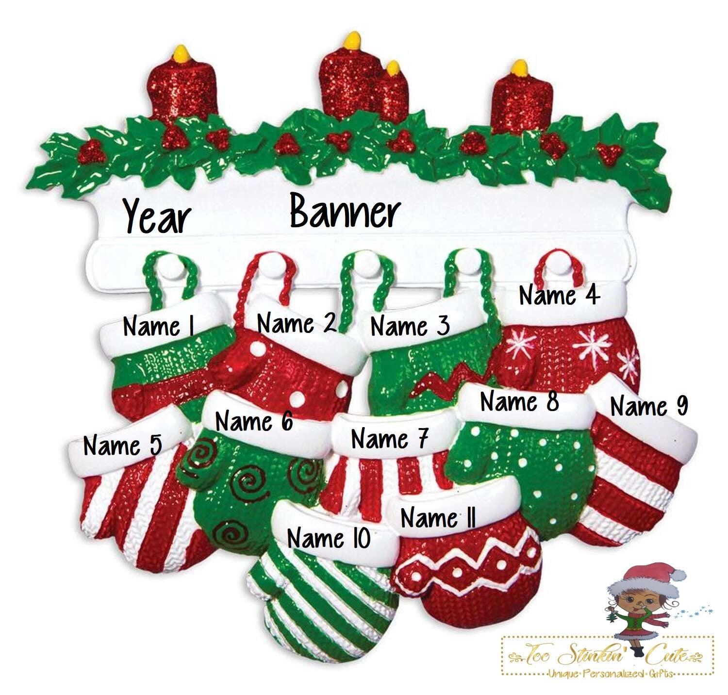 Christmas Ornament Stockings Family of 11/Mittens/ Friends/ Coworkers - Personalized + Free Shipping!