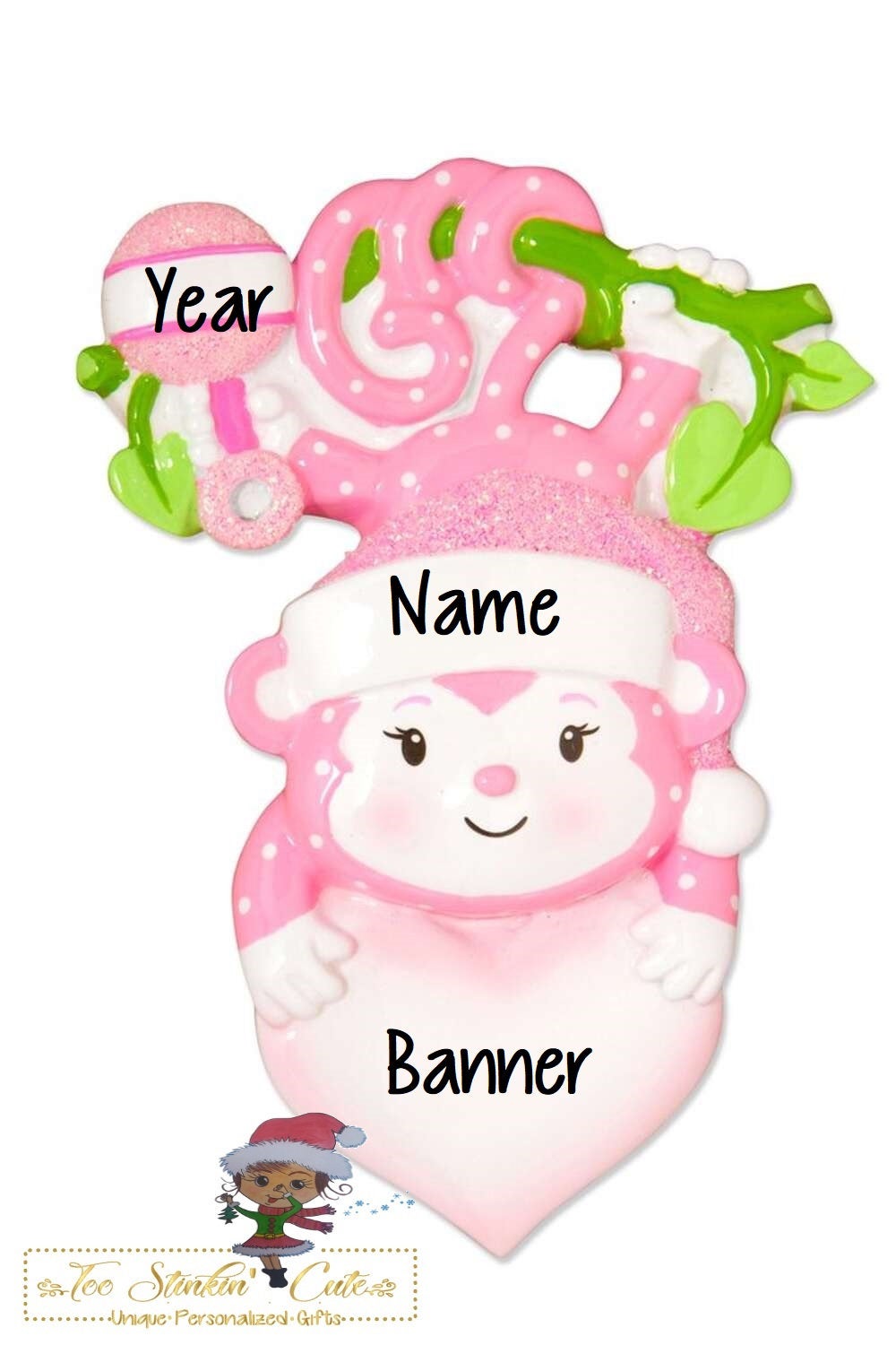 Christmas Ornament Baby Girl Monkey/ Baby's 1st Christmas/ Newborn/ New Baby - Personalized + Free Shipping!
