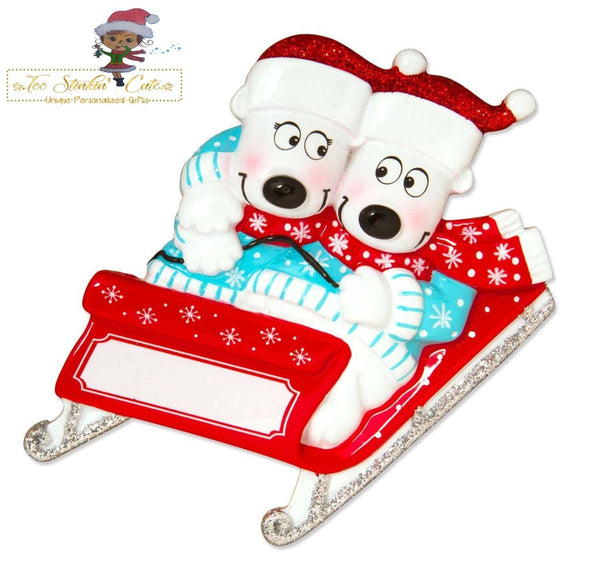 Christmas Ornament Bears on Sled Family of 2/ Couple/ Newlywed/ Friends/ Coworkers Personalized! + Free Shipping!