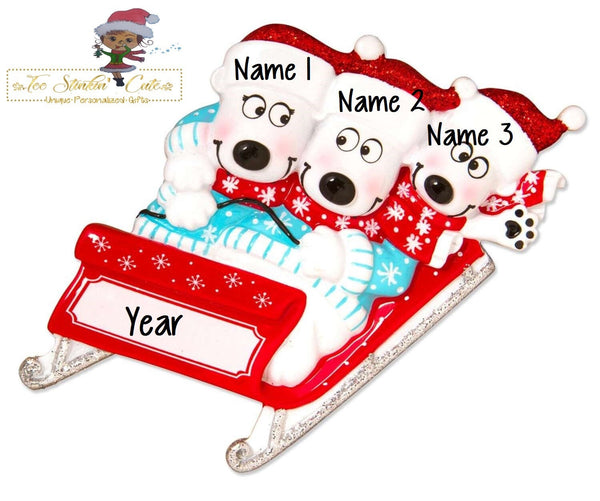 Christmas Ornament Bears on Sled Family of 3/ Friends/ Coworkers Personalized! + Free Shipping!